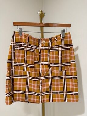 Anthropologie Maeve Plaid Mini Skirt in Mustard and Pink